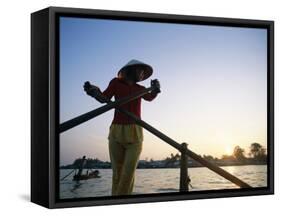 Boat Woman on Mekong River / Sunrise, Cantho, Mekong Delta, Vietnam-Steve Vidler-Framed Stretched Canvas