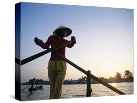 Boat Woman on Mekong River / Sunrise, Cantho, Mekong Delta, Vietnam-Steve Vidler-Stretched Canvas