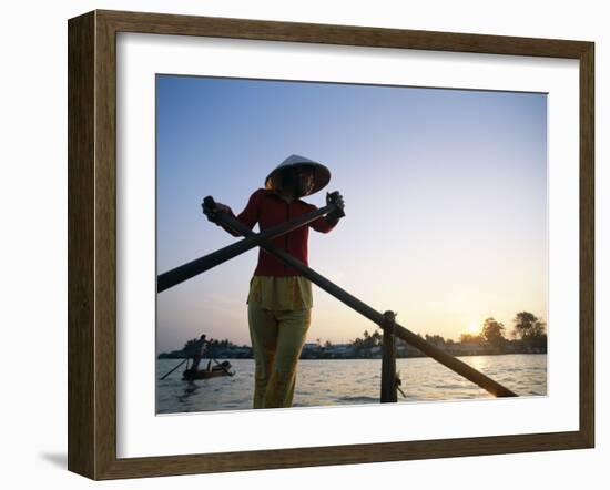 Boat Woman on Mekong River / Sunrise, Cantho, Mekong Delta, Vietnam-Steve Vidler-Framed Photographic Print