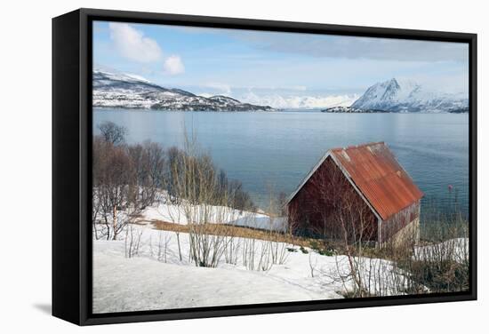 Boathouse on the Island of Kvaloya (Whale Island), Troms, Norway, Scandinavia, Europe-David Lomax-Framed Stretched Canvas