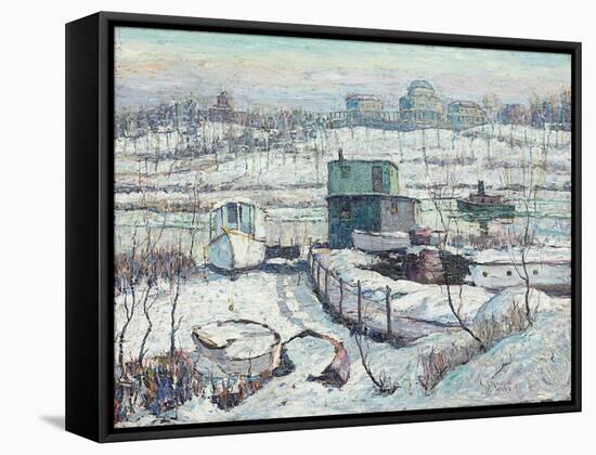 Boathouse, Winter, Harlem River, 1918 (Oil on Canvas)-Ernest Lawson-Framed Stretched Canvas