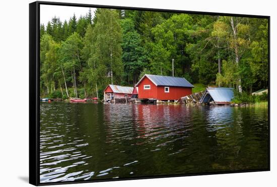 Boathouses, Gustavsfors, Lelång Lake, Dalsland, Sweden-Andrea Lang-Framed Stretched Canvas