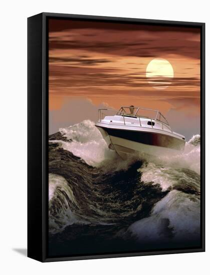 Boating at Sunset through Rough Water-null-Framed Stretched Canvas