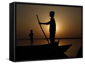 Boatman Prepares to Anchor His Boat, after the Day's Work in River Ganges, in Allahabad, India-null-Framed Stretched Canvas