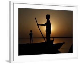 Boatman Prepares to Anchor His Boat, after the Day's Work in River Ganges, in Allahabad, India-null-Framed Photographic Print