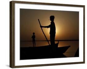 Boatman Prepares to Anchor His Boat, after the Day's Work in River Ganges, in Allahabad, India-null-Framed Photographic Print