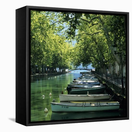 Boats Along Canal, Annecy, Lake Annecy, Rhone Alpes, France, Europe-Stuart Black-Framed Stretched Canvas