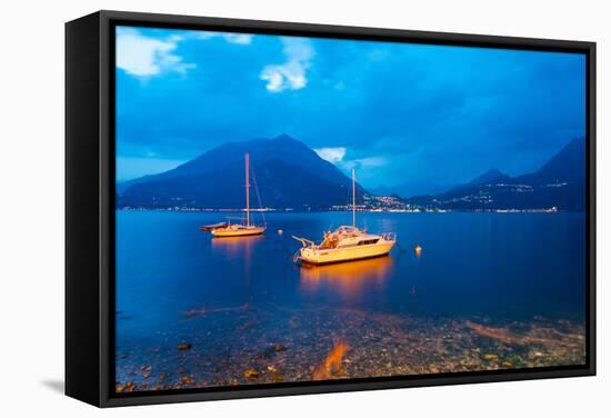 Boats Anchored in the Lake Como, Varenna, Lombardy, Italy-null-Framed Stretched Canvas