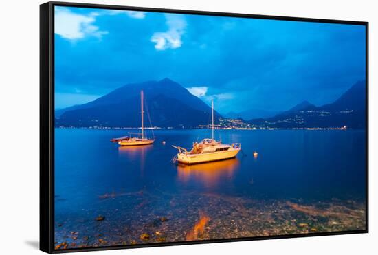 Boats Anchored in the Lake Como, Varenna, Lombardy, Italy-null-Framed Stretched Canvas
