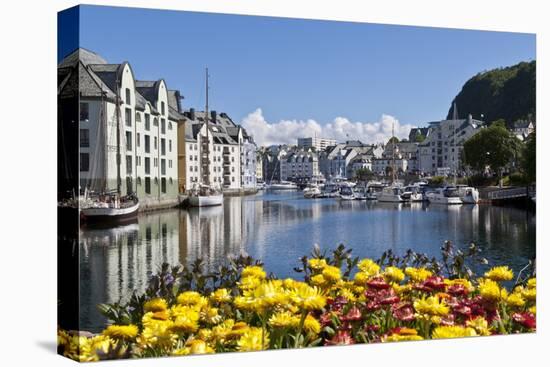 Boats and Art Nouveau Buildings with Waterside Summer Flowers, Alesund, More Og Romsdal-Eleanor Scriven-Stretched Canvas