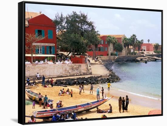 Boats and Beachgoers on the Beaches of Dakar, Senegal-Janis Miglavs-Framed Stretched Canvas