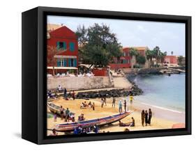 Boats and Beachgoers on the Beaches of Dakar, Senegal-Janis Miglavs-Framed Stretched Canvas