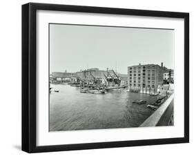 Boats and Warehouses on the River Thames, Lambeth, London, 1906-null-Framed Premium Photographic Print