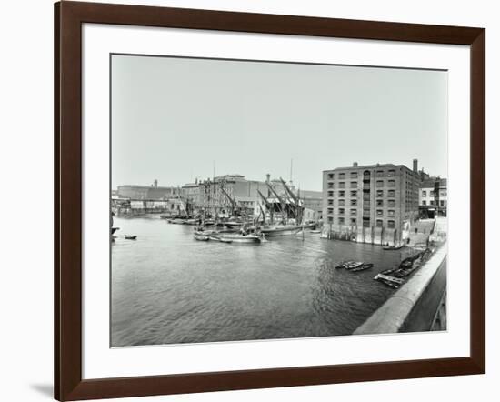 Boats and Warehouses on the River Thames, Lambeth, London, 1906-null-Framed Photographic Print