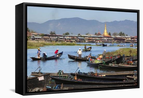 Boats Arriving at Nampan Local Market, Inle Lake, Shan State, Myanmar (Burma), Asia-Stuart Black-Framed Stretched Canvas