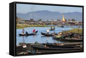 Boats Arriving at Nampan Local Market, Inle Lake, Shan State, Myanmar (Burma), Asia-Stuart Black-Framed Stretched Canvas