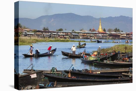 Boats Arriving at Nampan Local Market, Inle Lake, Shan State, Myanmar (Burma), Asia-Stuart Black-Stretched Canvas