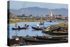 Boats Arriving at Nampan Local Market, Inle Lake, Shan State, Myanmar (Burma), Asia-Stuart Black-Stretched Canvas