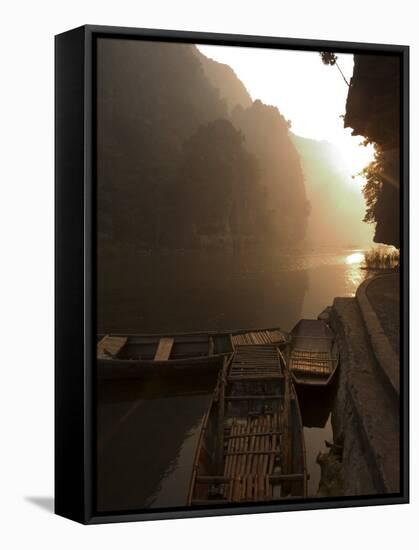 Boats at Sunrise, Limestone Mountain Scenery, Tam Coc, Ninh Binh, South of Hanoi, North Vietnam-Christian Kober-Framed Stretched Canvas