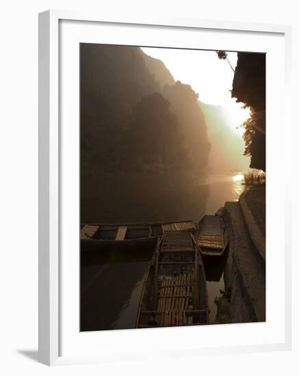 Boats at Sunrise, Limestone Mountain Scenery, Tam Coc, Ninh Binh, South of Hanoi, North Vietnam-Christian Kober-Framed Photographic Print