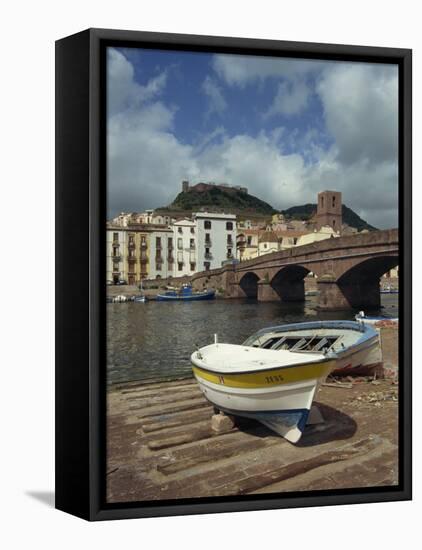 Boats Beside a Bridge over the Temo River at Bosa on the Island of Sardinia, Italy, Europe-Terry Sheila-Framed Stretched Canvas