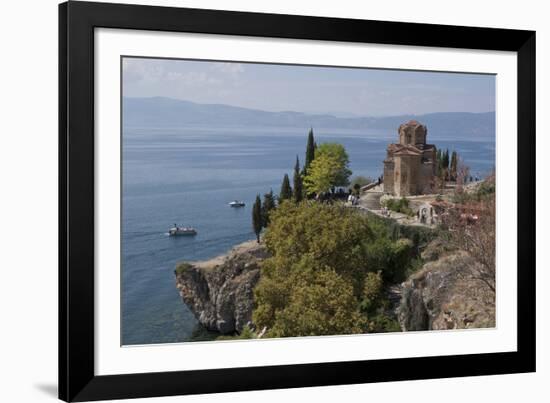 Boats by St. John Kaneo church on Lake Ohrid, UNESCO World Heritage Site, Macedonia, Europe-Julio Etchart-Framed Photographic Print