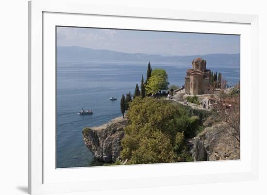 Boats by St. John Kaneo church on Lake Ohrid, UNESCO World Heritage Site, Macedonia, Europe-Julio Etchart-Framed Photographic Print