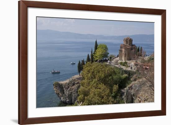 Boats by St. John Kaneo church on Lake Ohrid, UNESCO World Heritage Site, Macedonia, Europe-Julio Etchart-Framed Photographic Print