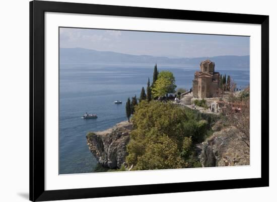 Boats by St. John Kaneo church on Lake Ohrid, UNESCO World Heritage Site, Macedonia, Europe-Julio Etchart-Framed Photographic Print