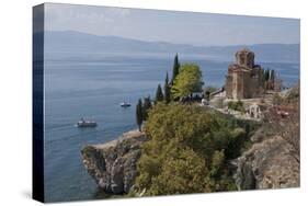 Boats by St. John Kaneo church on Lake Ohrid, UNESCO World Heritage Site, Macedonia, Europe-Julio Etchart-Stretched Canvas