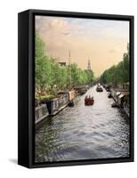 Boats Cruise Along a Canal with the Zuiderkerk Bell-Tower in the Background, Amsterdam, Netherlands-Miva Stock-Framed Stretched Canvas