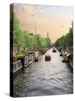 Boats Cruise Along a Canal with the Zuiderkerk Bell-Tower in the Background, Amsterdam, Netherlands-Miva Stock-Stretched Canvas