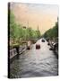 Boats Cruise Along a Canal with the Zuiderkerk Bell-Tower in the Background, Amsterdam, Netherlands-Miva Stock-Stretched Canvas