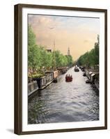Boats Cruise Along a Canal with the Zuiderkerk Bell-Tower in the Background, Amsterdam, Netherlands-Miva Stock-Framed Premium Photographic Print