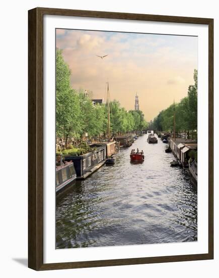 Boats Cruise Along a Canal with the Zuiderkerk Bell-Tower in the Background, Amsterdam, Netherlands-Miva Stock-Framed Premium Photographic Print