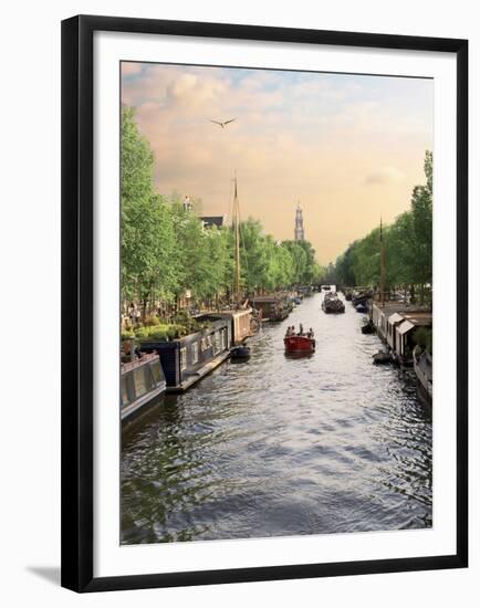 Boats Cruise Along a Canal with the Zuiderkerk Bell-Tower in the Background, Amsterdam, Netherlands-Miva Stock-Framed Premium Photographic Print