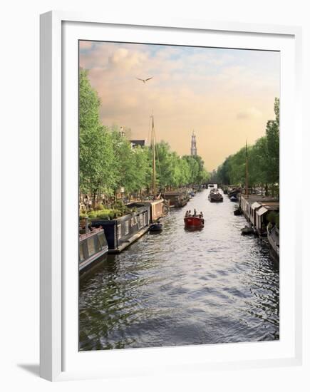 Boats Cruise Along a Canal with the Zuiderkerk Bell-Tower in the Background, Amsterdam, Netherlands-Miva Stock-Framed Premium Photographic Print