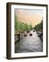 Boats Cruise Along a Canal with the Zuiderkerk Bell-Tower in the Background, Amsterdam, Netherlands-Miva Stock-Framed Photographic Print