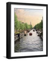 Boats Cruise Along a Canal with the Zuiderkerk Bell-Tower in the Background, Amsterdam, Netherlands-Miva Stock-Framed Photographic Print