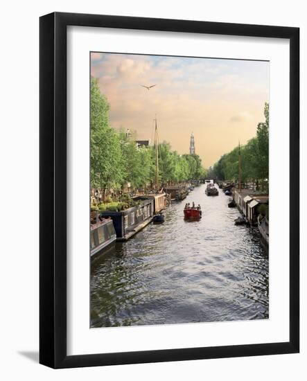 Boats Cruise Along a Canal with the Zuiderkerk Bell-Tower in the Background, Amsterdam, Netherlands-Miva Stock-Framed Photographic Print