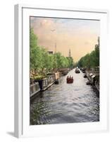 Boats Cruise Along a Canal with the Zuiderkerk Bell-Tower in the Background, Amsterdam, Netherlands-Miva Stock-Framed Photographic Print