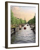Boats Cruise Along a Canal with the Zuiderkerk Bell-Tower in the Background, Amsterdam, Netherlands-Miva Stock-Framed Photographic Print