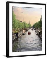 Boats Cruise Along a Canal with the Zuiderkerk Bell-Tower in the Background, Amsterdam, Netherlands-Miva Stock-Framed Photographic Print