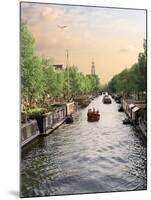 Boats Cruise Along a Canal with the Zuiderkerk Bell-Tower in the Background, Amsterdam, Netherlands-Miva Stock-Mounted Photographic Print