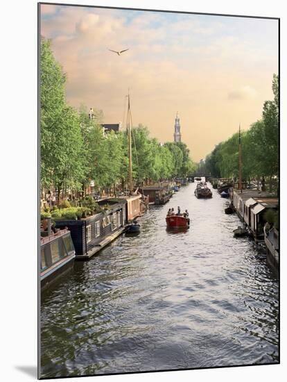 Boats Cruise Along a Canal with the Zuiderkerk Bell-Tower in the Background, Amsterdam, Netherlands-Miva Stock-Mounted Photographic Print