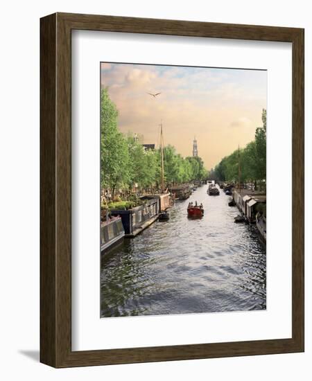 Boats Cruise Along a Canal with the Zuiderkerk Bell-Tower in the Background, Amsterdam, Netherlands-Miva Stock-Framed Photographic Print