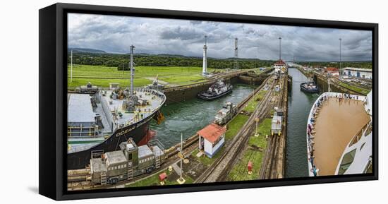 Boats in a canal, Panama Canal Locks, Panama Canal, Panama-Panoramic Images-Framed Stretched Canvas