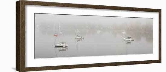 Boats in a lake during fog, Lake Memphremagog, Magog, Quebec, Canada-null-Framed Photographic Print