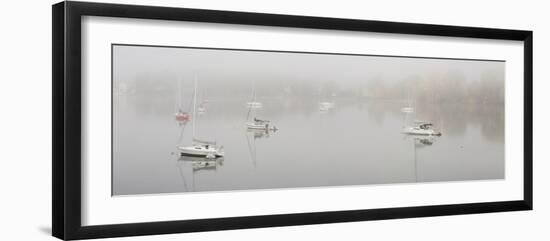 Boats in a lake during fog, Lake Memphremagog, Magog, Quebec, Canada-null-Framed Photographic Print