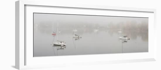 Boats in a lake during fog, Lake Memphremagog, Magog, Quebec, Canada-null-Framed Photographic Print